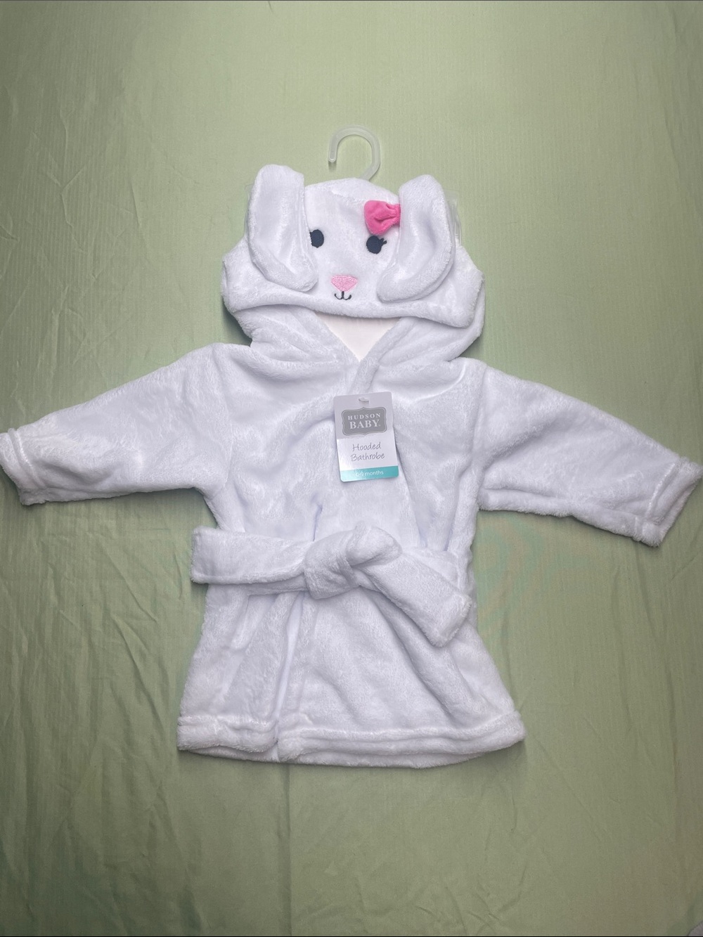 Hudson Baby White Hooded Bunny Kids Robe with Pink Bow Accent 0-9 Months NWT
